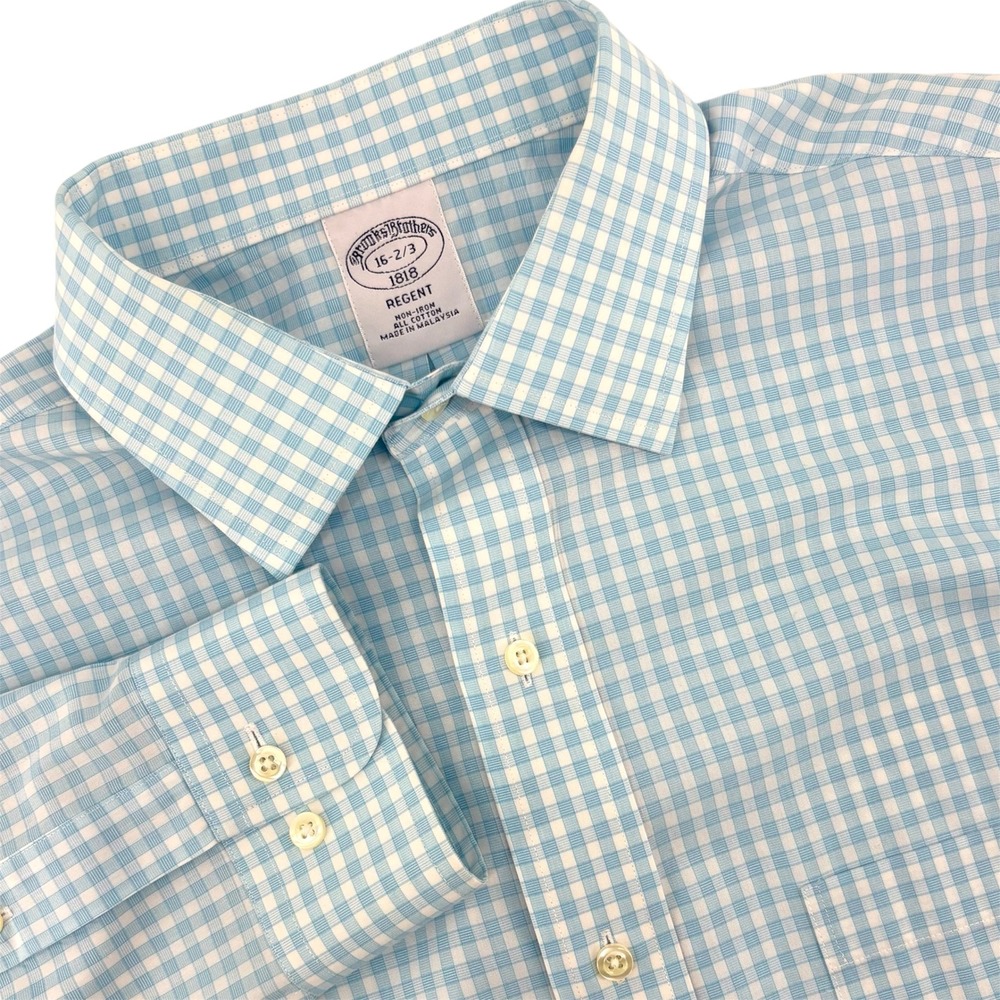 Brooks Brothers 1818 Regent Fit Non-Iron Gingham Dress Shirt Light Blue 16 2/3